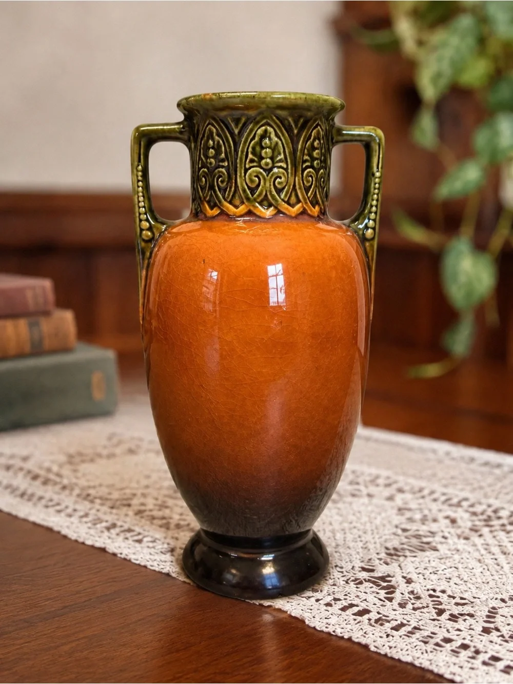 Antique Art Nouveau Hand Painted Floral Pottery Vase Green Handles 8” AS IS